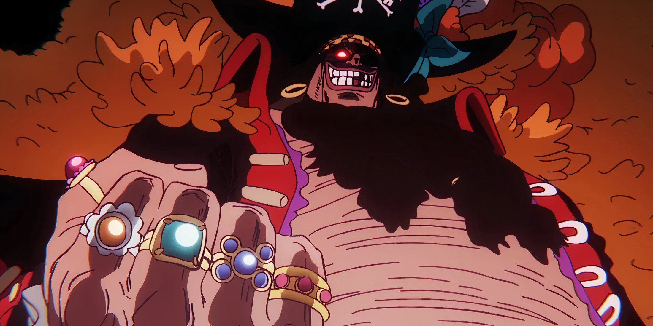 One Pieceのブラックビアードが赤い目で拳を握っている